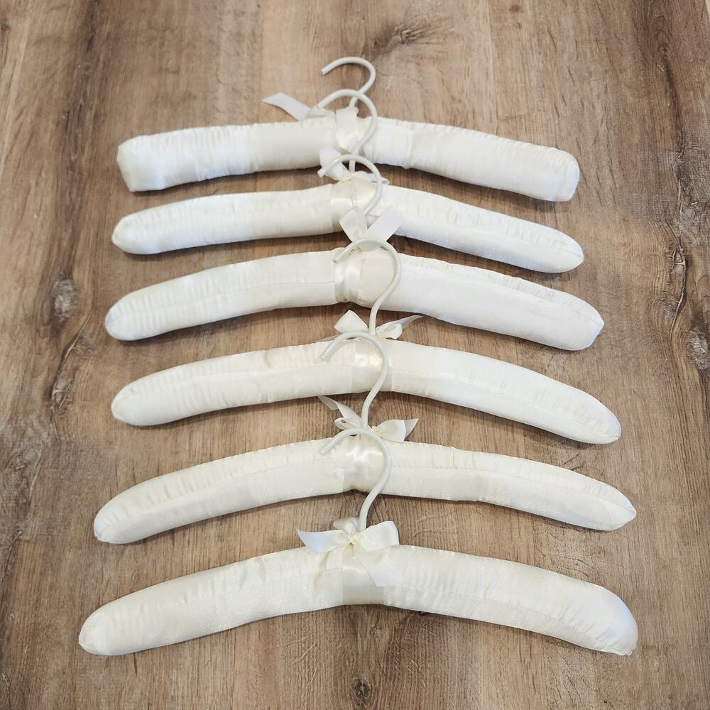 Lot of 6 Vintage Ivory Satin Padded Hangers 15" Lingerie Delicates Boudoir